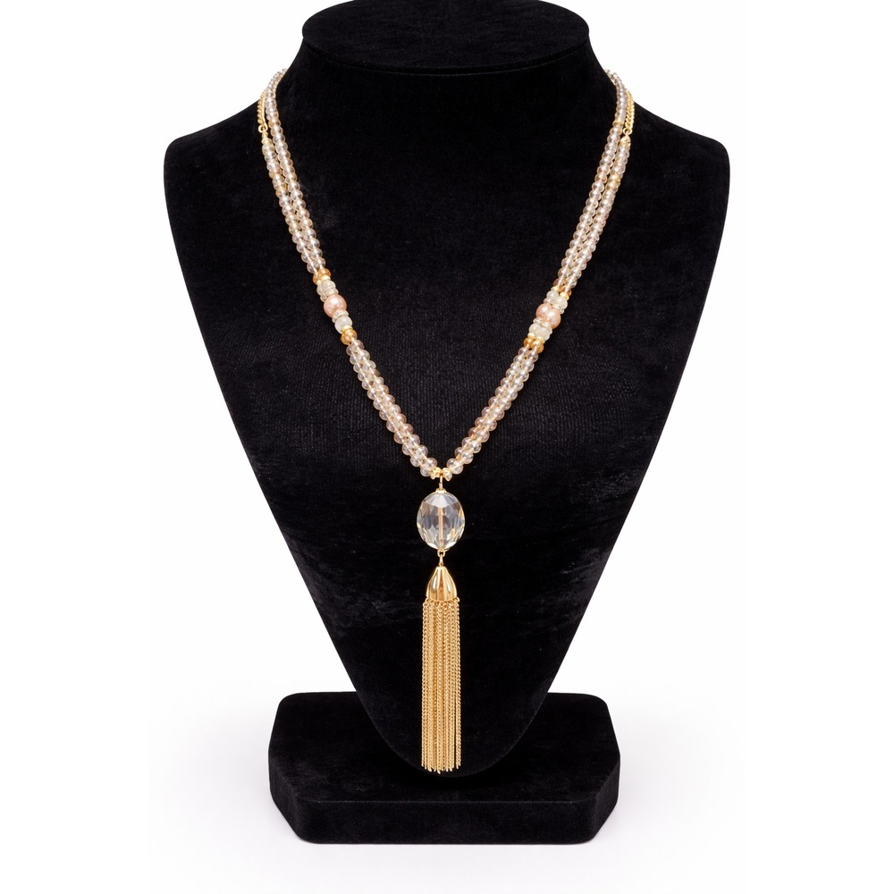 Vintage Lane Bryant Elegant Gold Tone Pink Faceted Glass Bead Tassel Necklace